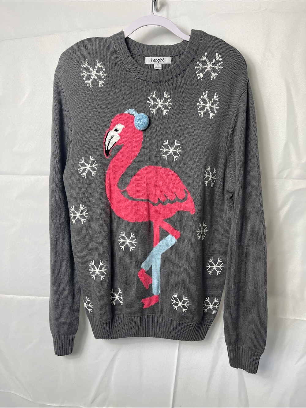 Gray Crewneck Sweater Pink Flamingo Florida Winter Holiday Christmas Sweater
